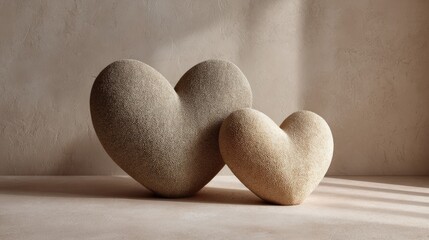 Two textured heart-shaped stones in varying sizes, placed on a soft surface with natural light casting shadows.