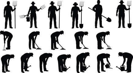 Silhouette farmers gardening activities set, men working with pitchfork shovel rake watering can, agriculture labor poses, isolated vector illustration © MDTAHMID