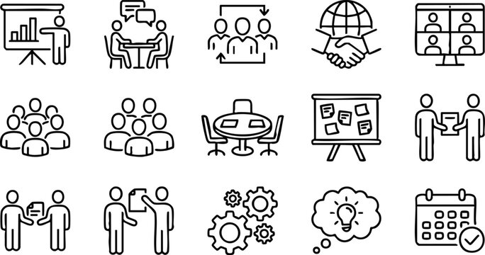 Collection of simple line icons representing business and teamwork concepts