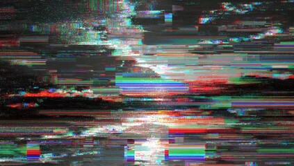 Abstract digital glitch art showcasing horizontal color bars obscuring a dramatic cloudscape