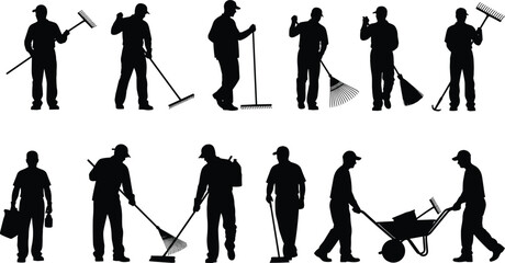 Obraz premium Silhouette gardeners and groundskeepers using rakes brooms wheelbarrow, landscaping maintenance work poses, outdoor cleaning service collection, isolated vector illustration