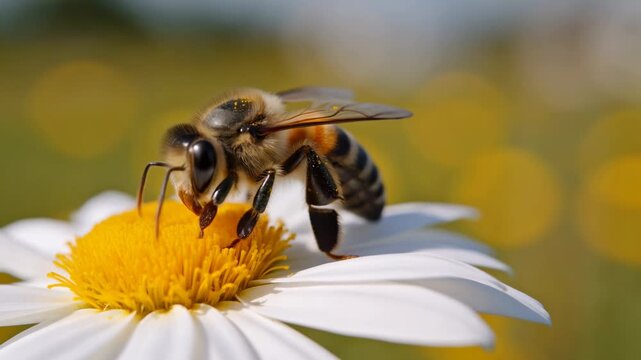 Honeybee collecting nectar and pollinating daisy in sunny meadow
