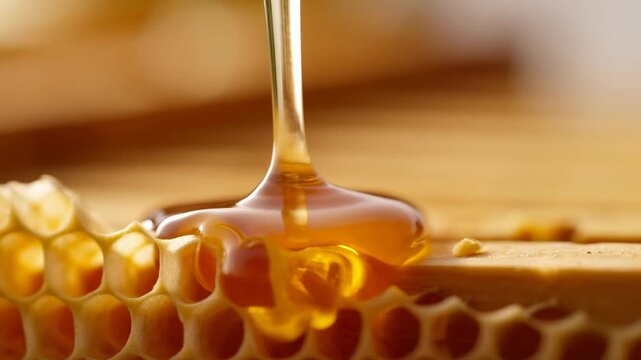 Golden honey dripping into honeycomb reflecting nature's sweet perfection in slow motion