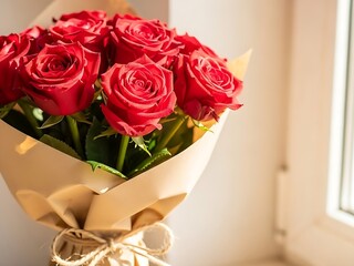 Elegant Bouquet of Fresh Red Roses Wrapped in Kraft Paper
