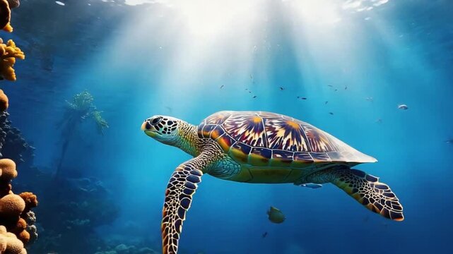 A sea turtle glides through clear blue ocean water, surrounded by small fish and sunbeams filtering from above.