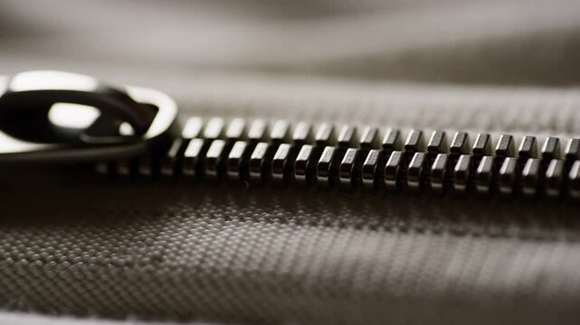 Smooth transition of metal zipper closing on beige fabric with detailed closeup view