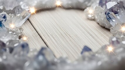 A serene arrangement of crystals and lights on a wooden surface viewed from above