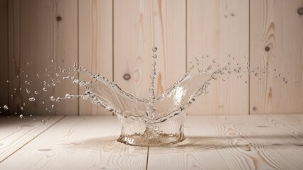 Water splashing into a glass on a wooden table
