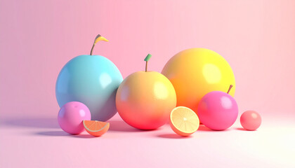 Surreal playful maximalist bright color design illustration featuring vibrant fruit arrangement with smooth gradients and soft shadows