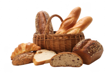 Wicker basket filled with various types of bread assorted bread isolated on a transparent background