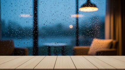 A serene indoor scene at dusk with rain outside, viewed from a wooden table near a window with lamps and furniture blurred in the background.