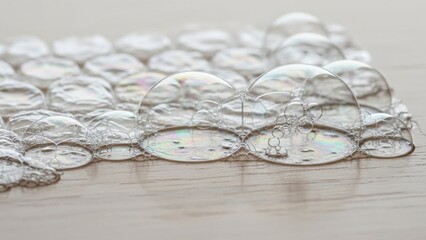 Clear marbles arranged on a wooden surface with reflections and refractions visible