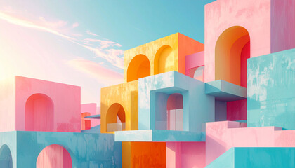 Surreal playful maximalist bright color design with vibrant stairs leading to abstract architecture