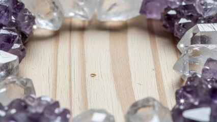 Close-up view of clear and purple gemstones arranged on a light wooden surface