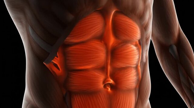 Detailed anatomical illustration of human abdominal muscles showing a six-pack.