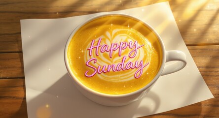 Cup of Coffee with Latte Art and Glowing Text Saying Happy Sunday on Wooden Table