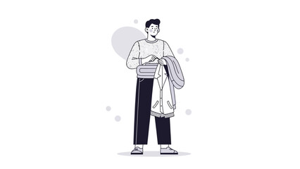 Fototapeta premium Casual young man holding a backpack and a jacket in a simplified illustration style