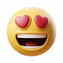 Fototapeta premium 3D cute cartoon heart eyes emoji face, yellow smiling emoticon with red heart eyes isolated on transparent background.