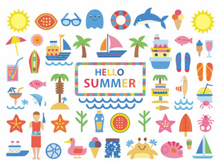 Obraz premium Colorful summer icons featuring beach elements sun and various vacation themed illustrations