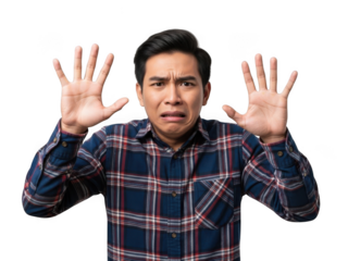Scared young Asian man in a plaid shirt holding hands up in defense against white background, isolated. isolated on transparent background