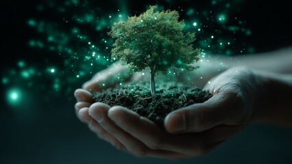 Close up human hands nurturing a young tree, futuristic sustainability concept, dark background with soft green digital glow, floating data particles, wide empty space for headline text, premium LED b