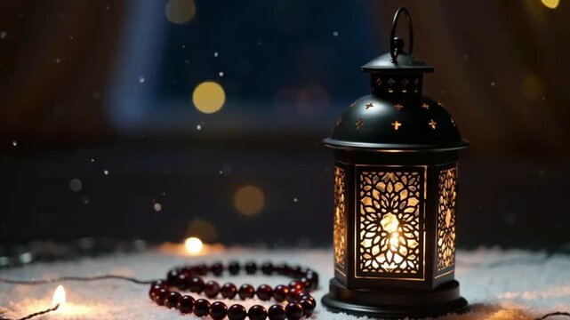 Traditional Islamic Lantern with Tasbih and Fairy Lights on Snow