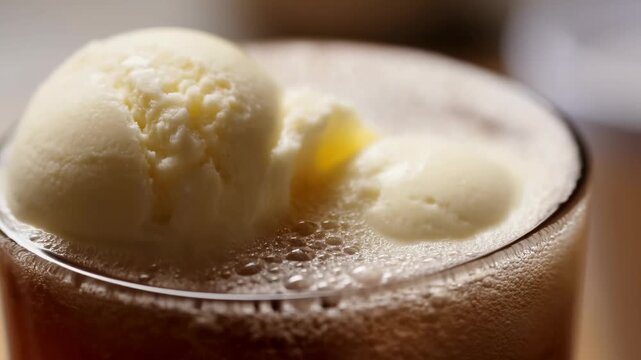 Root beer float formation: ice cream melting into fizzy soda in slow motion