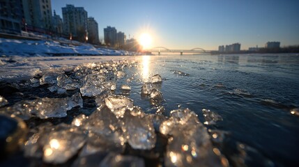 Frozen River at sunset with diamond-like ice crystals and snow-covered landscape, serene winter scene for backgrounds.