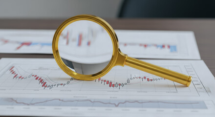 Golden magnifying glass meticulously examines intricate financial charts and graphs.