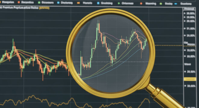 A detailed analysis of financial market trends is depicted in this stunning image, the magnifying glass bringing important market information into clear focus.