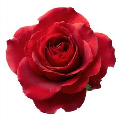 Close up of a vibrant red rose with detailed petals on a white background