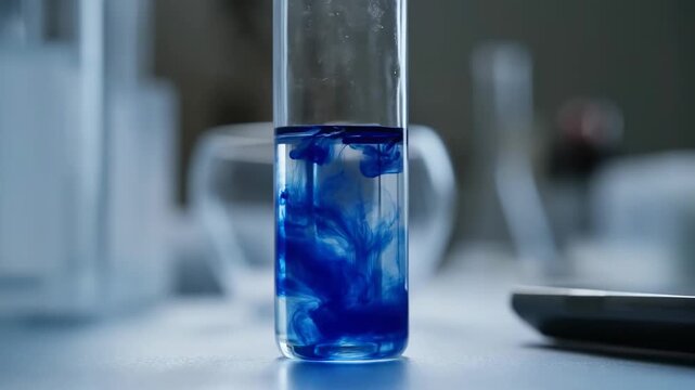 Vibrant blue ink flowing and swirling in clear water, creating dynamic patterns in a glass cylinder