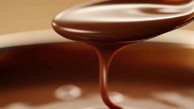 Luxurious chocolate dripping from a spoon into molten pool captured in slow motion