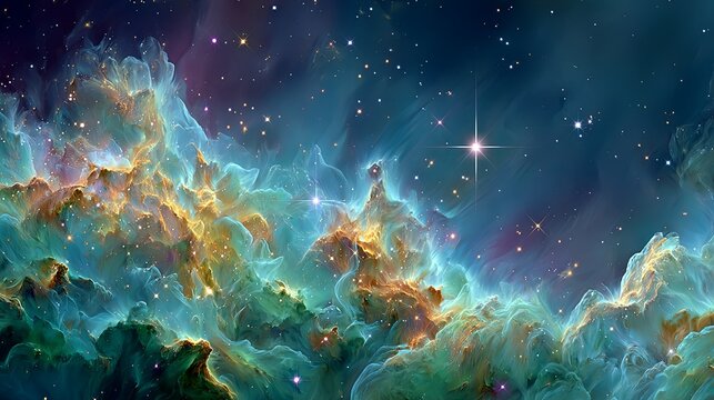 Swirling warm nebula waves drifting in soft curves around a bright cross-beam star, forming a deep atmospheric universe background