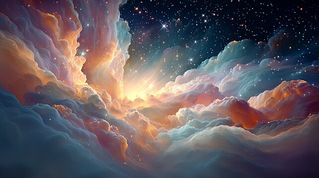 Swirling warm nebula waves drifting in soft curves around a bright cross-beam star, forming a deep atmospheric universe background