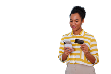 Woman holding smartphone and credit card for online shopping, making secure mobile payments
