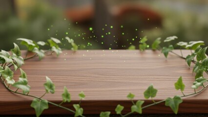 Vines and leaves framing a wooden table in a serene outdoor setting.