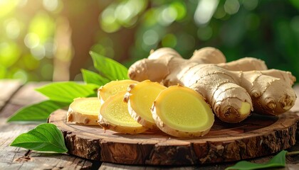 Ginger Root on Wood Slab.