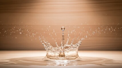 A champagne bottle cap splashing into a puddle of water on a brown wooden floor
