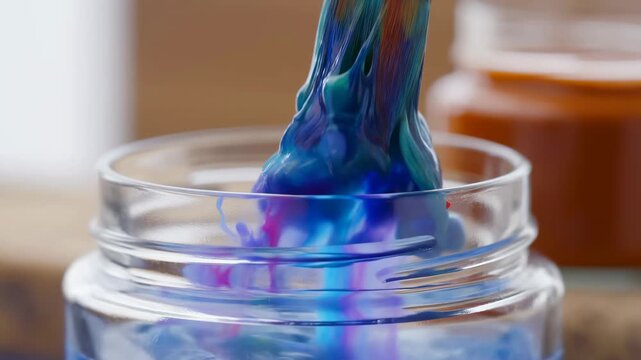 Colorful paintbrush mixing vivid swirls of blue in glass jar sequence
