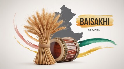 Baisakhi Harvest Festival Illustration with Wheat and Dhol &ndash; 13 April