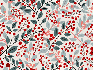 Stylized botanical pattern with red berries and delicate gray green leaves