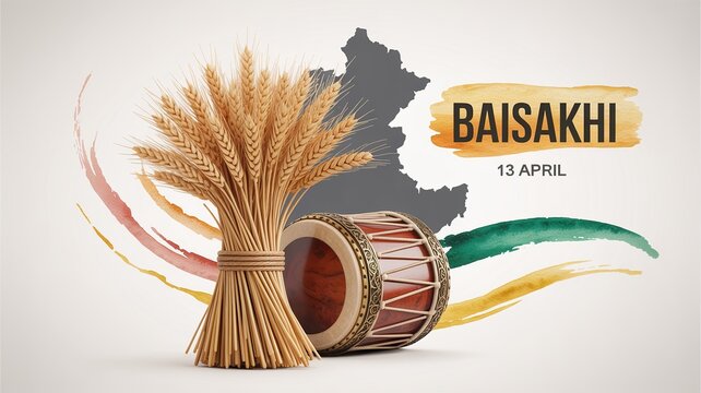 Baisakhi Harvest Festival Illustration with Wheat and Dhol &ndash; 13 April