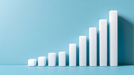 White 3D bar graph ascending on a light blue background, representing growth and progress