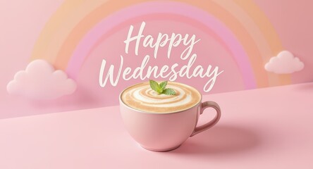 Pink Coffee Cup with Frothy Latte and Mint Garnish in Soft Pastel Background for Wednesday Greetings