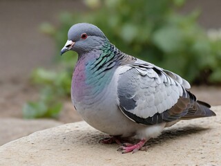 Obraz premium Stock dove or pigeon with iridescent neck feathers perched on stone ledge in natural outdoor setting