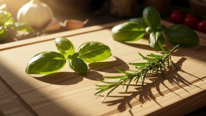 Fresh basil leaves and rosemary on a wooden cutting board in a kitchen bathed in sunlight