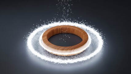 A wooden ring surrounded by a cloud of white powder on a dark background