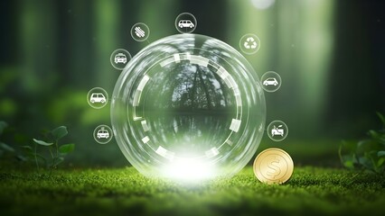 Glowing crystal orb in enchanted forest with floating bubbles