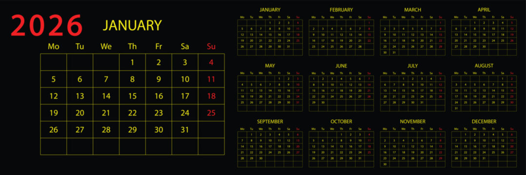 Calendar planner 2026 year, schedule month calendar, American organizer template. Week starts on Monday Business personal page. Modern simple dairy for USA. Vector. 2026 Calendar Templates for desk  - Powered by Adobe